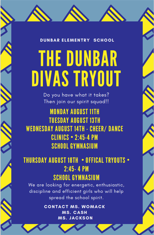 Cheer and Dance Tryouts Monday Aug 11- Wednesday Clinics 2:45-4pm Tryouts August 18 2:45-4