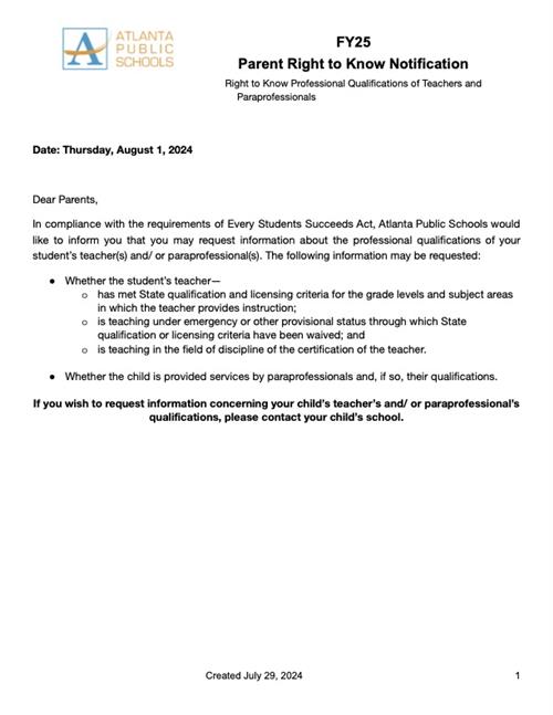 Parent Right to Know Notification - English